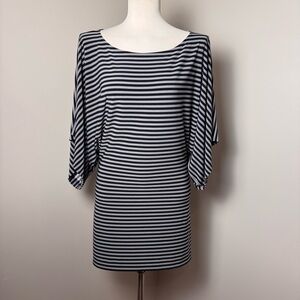 NORMA KAMALI Kimono Sleeve Horizontal Stripe Mini Tunic Dress BLACK-GRAY /MEDIUM